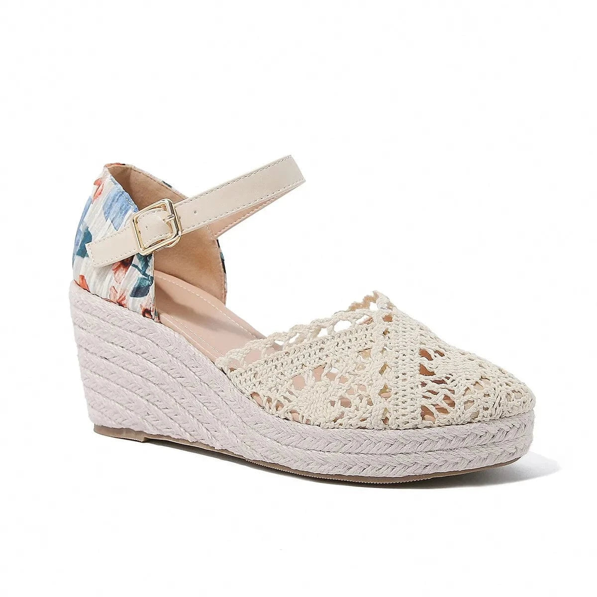 Women Casual Sandals Retro Floral Cloth Apricot Shoes Hollow Out Large Size Wedge Heels Sandals For Ladies Dating Shopping Shoes