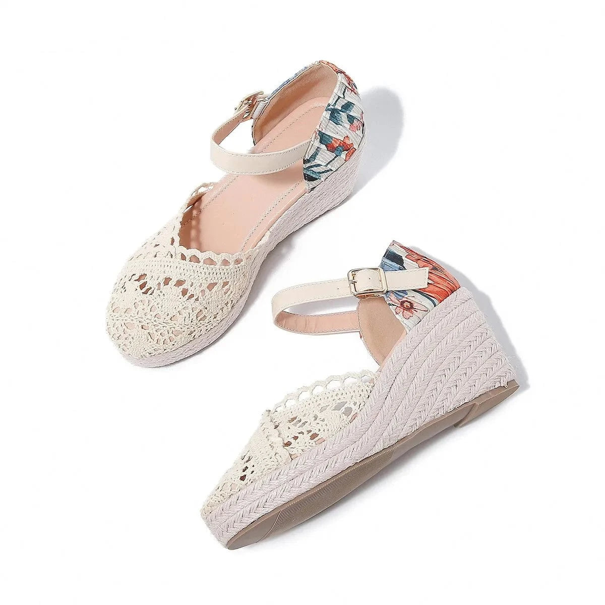 Women Casual Sandals Retro Floral Cloth Apricot Shoes Hollow Out Large Size Wedge Heels Sandals For Ladies Dating Shopping Shoes