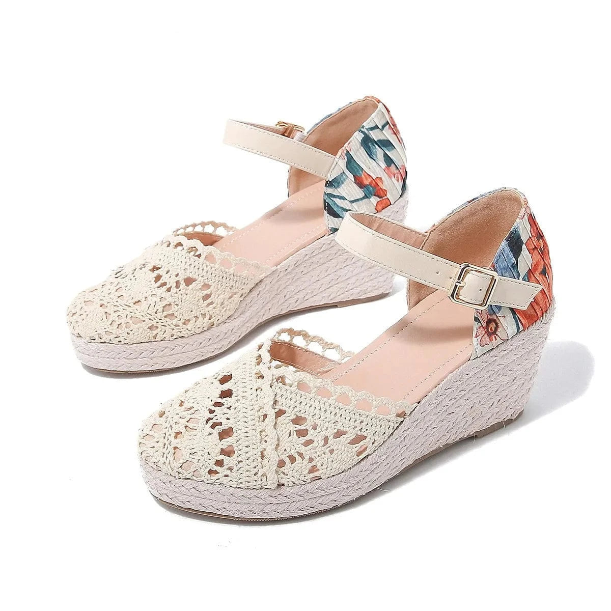 Women Casual Sandals Retro Floral Cloth Apricot Shoes Hollow Out Large Size Wedge Heels Sandals For Ladies Dating Shopping Shoes