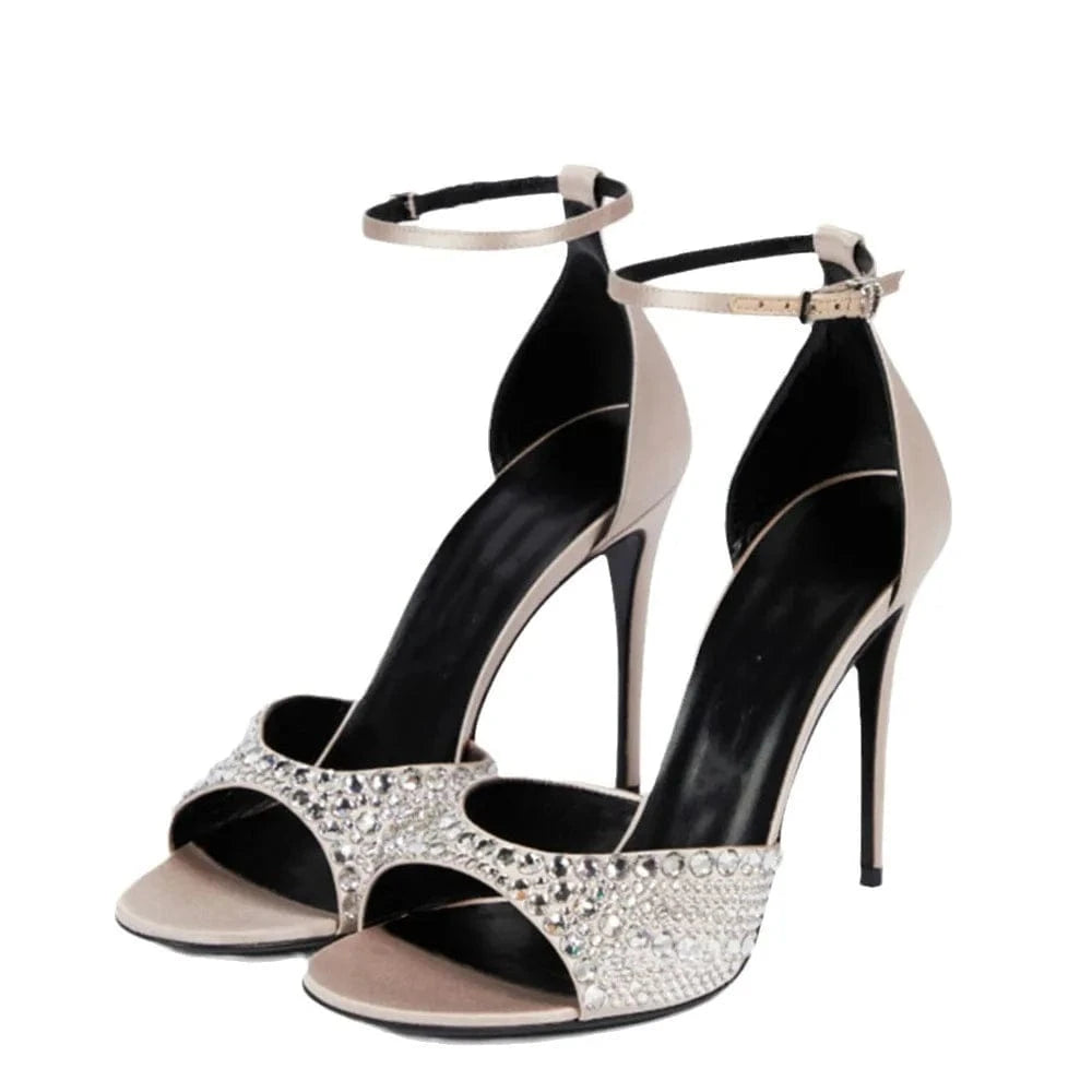 Women Casual Sandals Versatile Rhinestone Decor Zapatos De Mujer Hollow Out Ankle Strap High Heel Sandals Ladies Party Sandalias