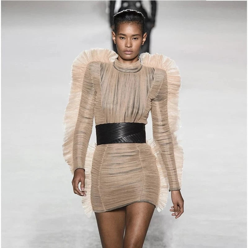 Women Celebrity Nightclub Party Evening Long Sleeve Mesh Elegant Lady sexy mini Dress With Belt