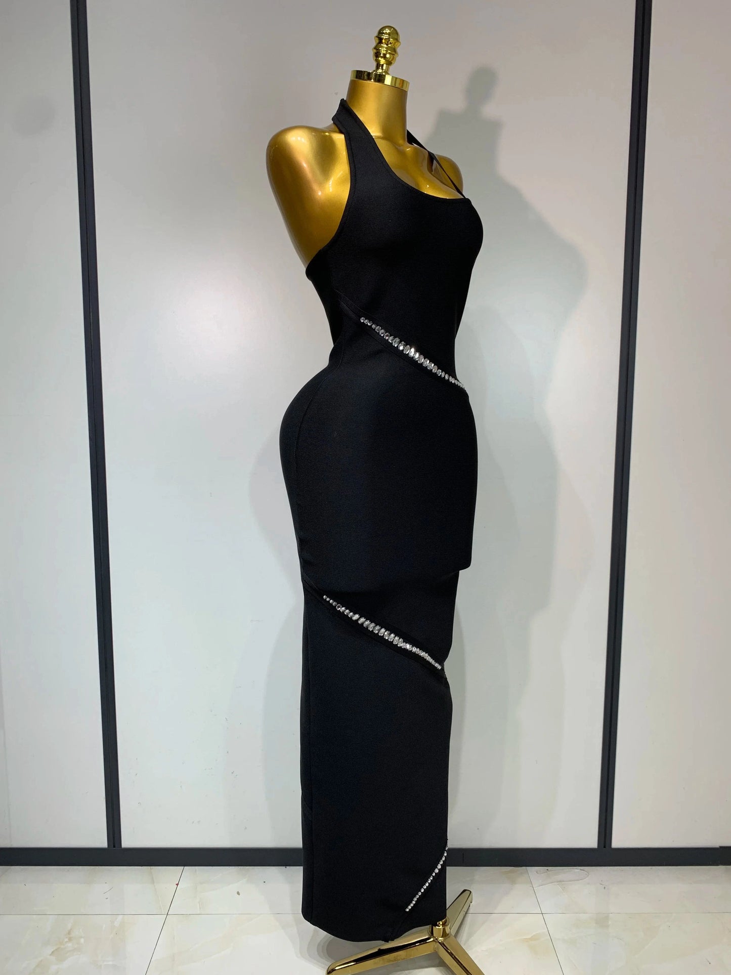 Women Celebrity Sexy Backless Halter Black Crystals Bandage Dress 2025 Knitted Elegant Evening Club Party Luxury Birthday Dress