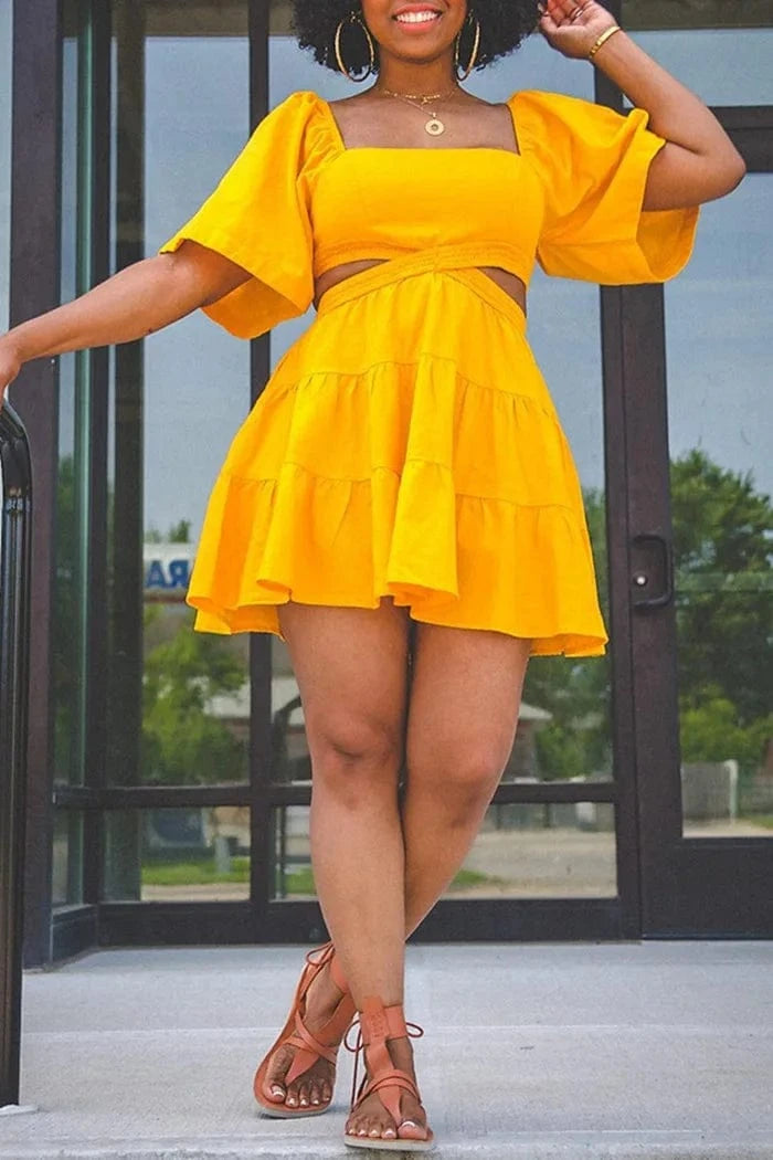 women clothes 2024 Spring and summer new solid color square neck hollow ruffle dress