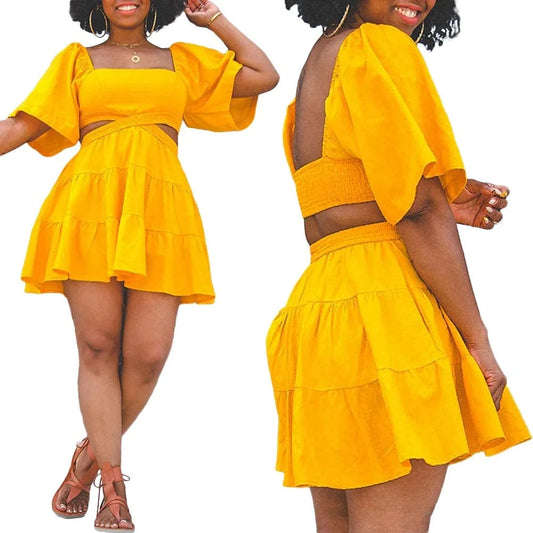 women clothes 2024 Spring and summer new solid color square neck hollow ruffle dress