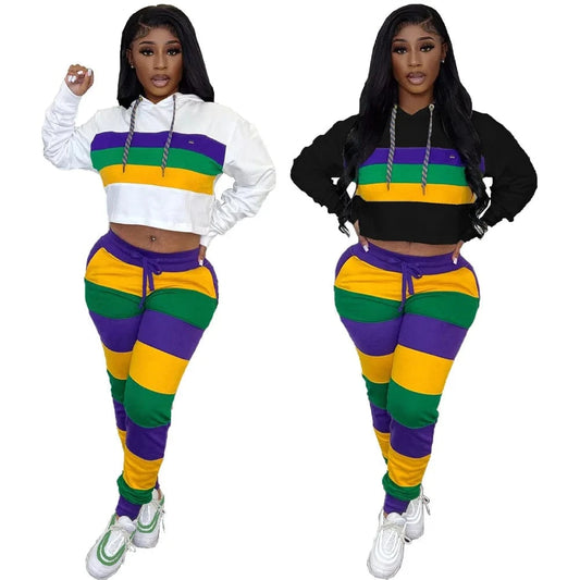 Women Clothing  2024 Trendy Outfits 2 Piece Spring Wear Hooded Striped Outfits Casual  Hooded Two Piece Set