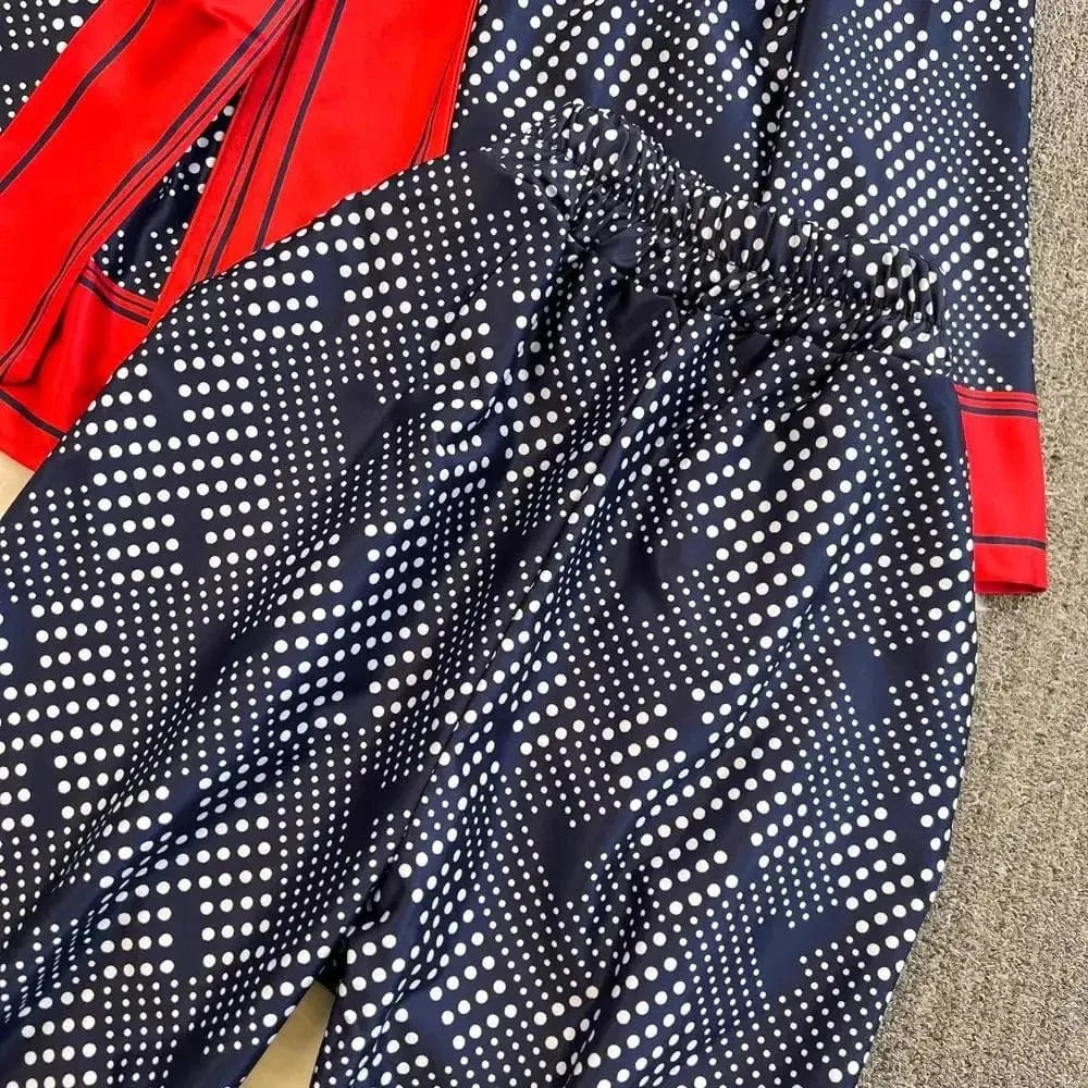Women Contrast Dot Print V-Neck Loose Lace Up Top+Elastic Waist Wide Leg Pant Suit Autumn Fashion Kimono Cardigan Two Piece Set