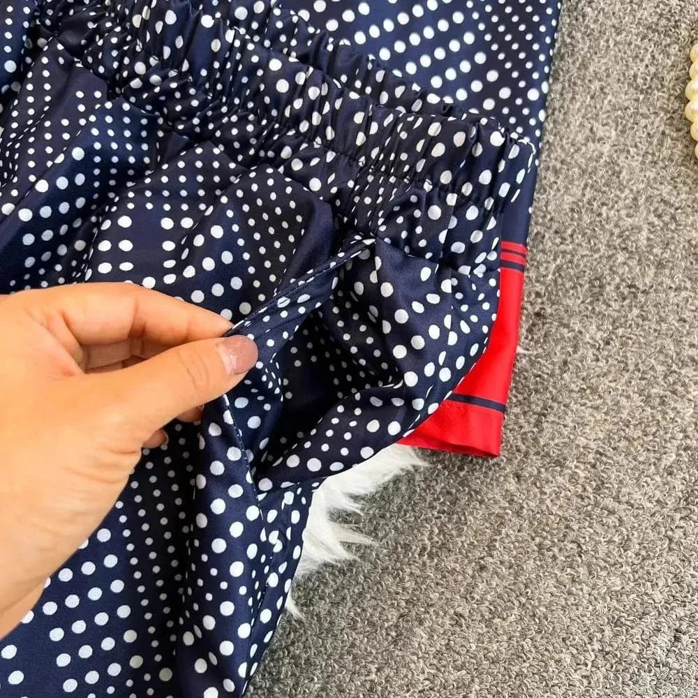 Women Contrast Dot Print V-Neck Loose Lace Up Top+Elastic Waist Wide Leg Pant Suit Autumn Fashion Kimono Cardigan Two Piece Set