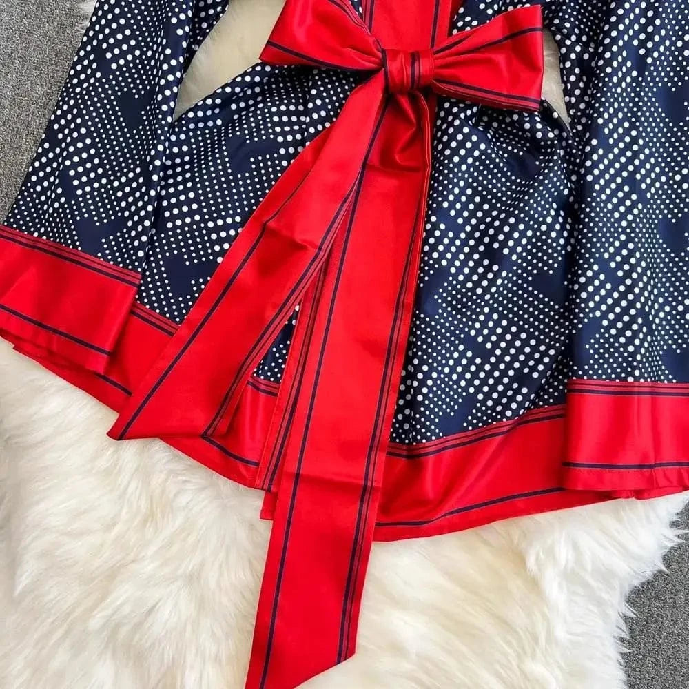 Women Contrast Dot Print V-Neck Loose Lace Up Top+Elastic Waist Wide Leg Pant Suit Autumn Fashion Kimono Cardigan Two Piece Set