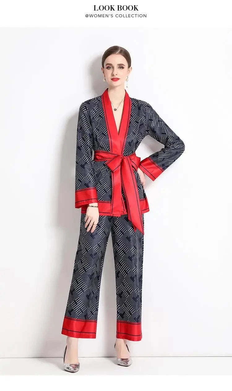 Women Contrast Dot Print V-Neck Loose Lace Up Top+Elastic Waist Wide Leg Pant Suit Autumn Fashion Kimono Cardigan Two Piece Set