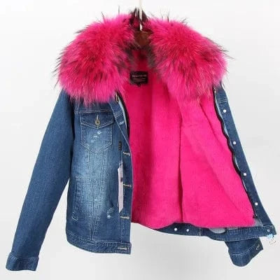 Women Denim coat Faux fur thick lining coat raccoon fur Big collar bomber jacket