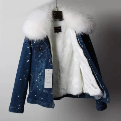 Women Denim coat Faux fur thick lining coat raccoon fur Big collar bomber jacket