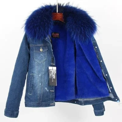 Women Denim coat Faux fur thick lining coat raccoon fur Big collar bomber jacket