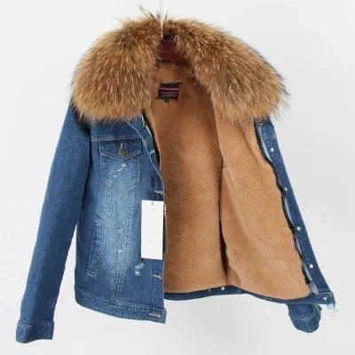 Women Denim coat Faux fur thick lining coat raccoon fur Big collar bomber jacket