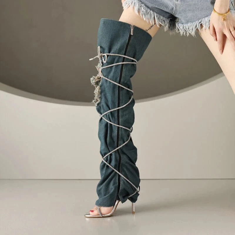 Women Denim Upper Custom Styles Over Knee High Boots Ladies High Heels Lace Up Pants Shoe Summer Jeans Sandals Long Booties