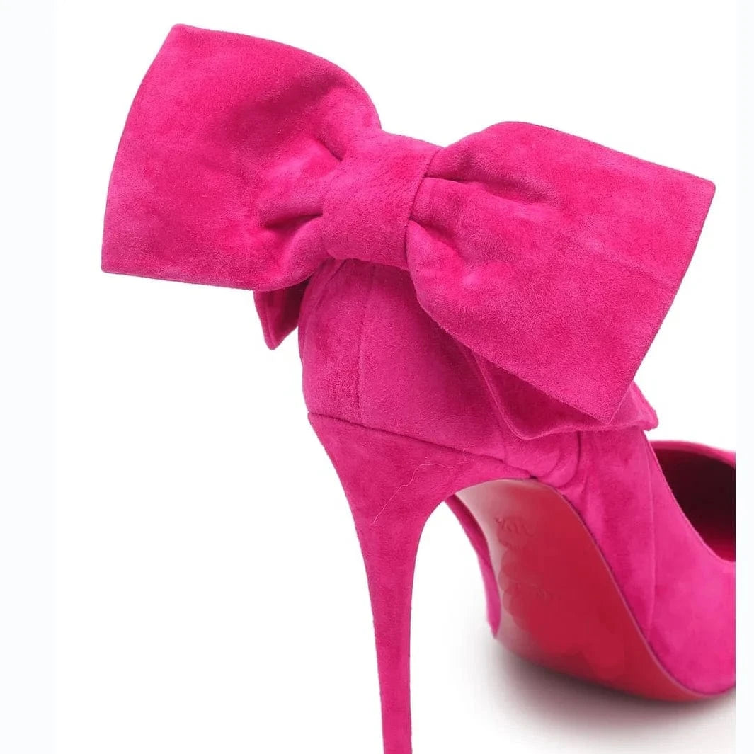 Women Designer Shoes Hot Pink Suede Bow Pointed Toe Stiletto Heels Bridal Shoes For Ladies And Women Heel's Pumps