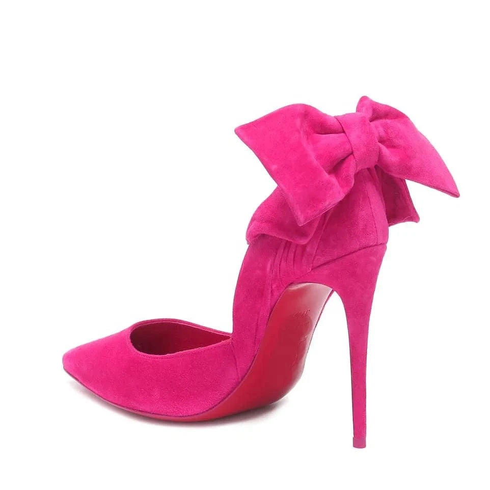 Women Designer Shoes Hot Pink Suede Bow Pointed Toe Stiletto Heels Bridal Shoes For Ladies And Women Heel's Pumps