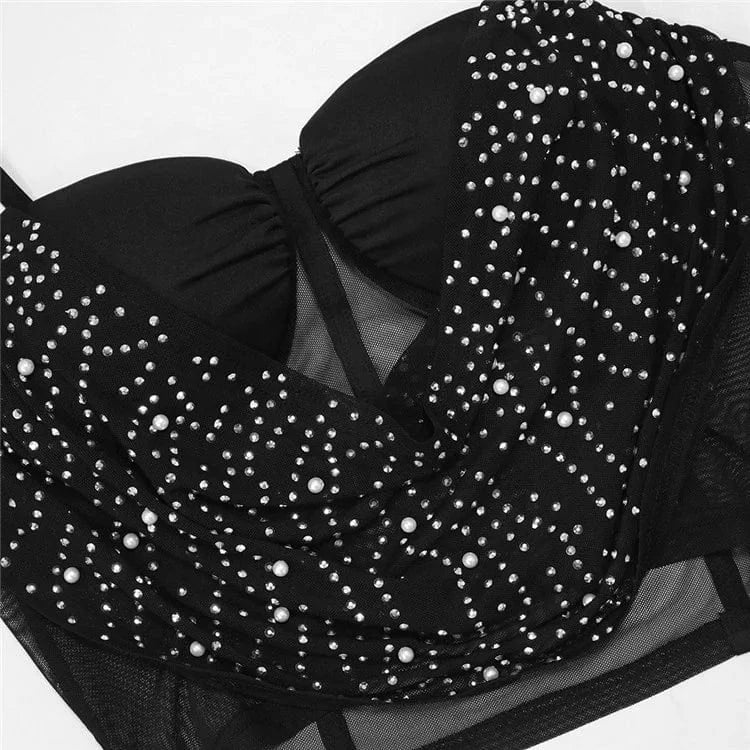 Women Diamonds Hot Rhinestones Midi Mini Skirt Suit and Strap Plle Neck Crop Top 2024 Sexy Two 2 Piece Dress Sets