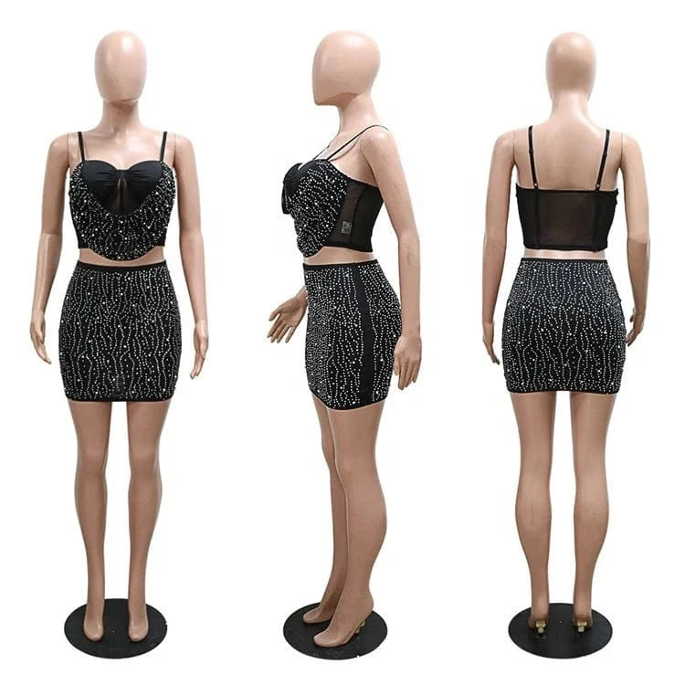 Women Diamonds Hot Rhinestones Midi Mini Skirt Suit and Strap Plle Neck Crop Top 2024 Sexy Two 2 Piece Dress Sets