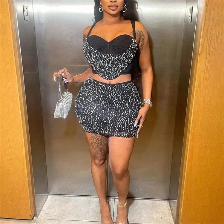 Women Diamonds Hot Rhinestones Midi Mini Skirt Suit and Strap Plle Neck Crop Top 2024 Sexy Two 2 Piece Dress Sets