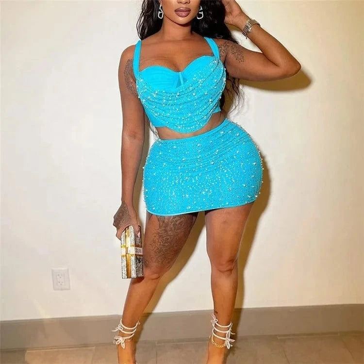 Women Diamonds Hot Rhinestones Midi Mini Skirt Suit and Strap Plle Neck Crop Top 2024 Sexy Two 2 Piece Dress Sets