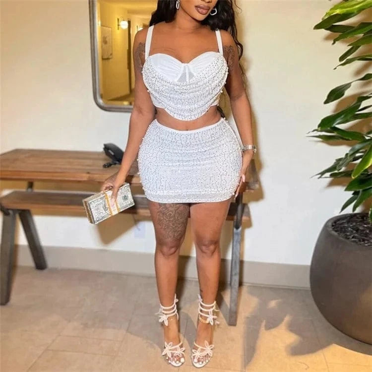 Women Diamonds Hot Rhinestones Midi Mini Skirt Suit and Strap Plle Neck Crop Top 2024 Sexy Two 2 Piece Dress Sets