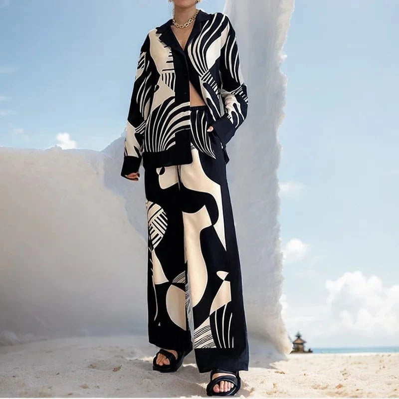 Women Digital Print 2 Piece Set Chic Lapel Long Sleeved Blouse Top Loose Straight Leg Pants Suit Fashion Streetwear Outfits 2024