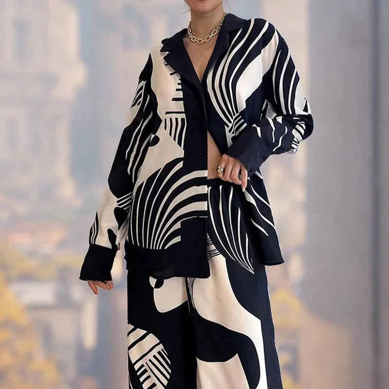 Women Digital Print 2 Piece Set Chic Lapel Long Sleeved Blouse Top Loose Straight Leg Pants Suit Fashion Streetwear Outfits 2024