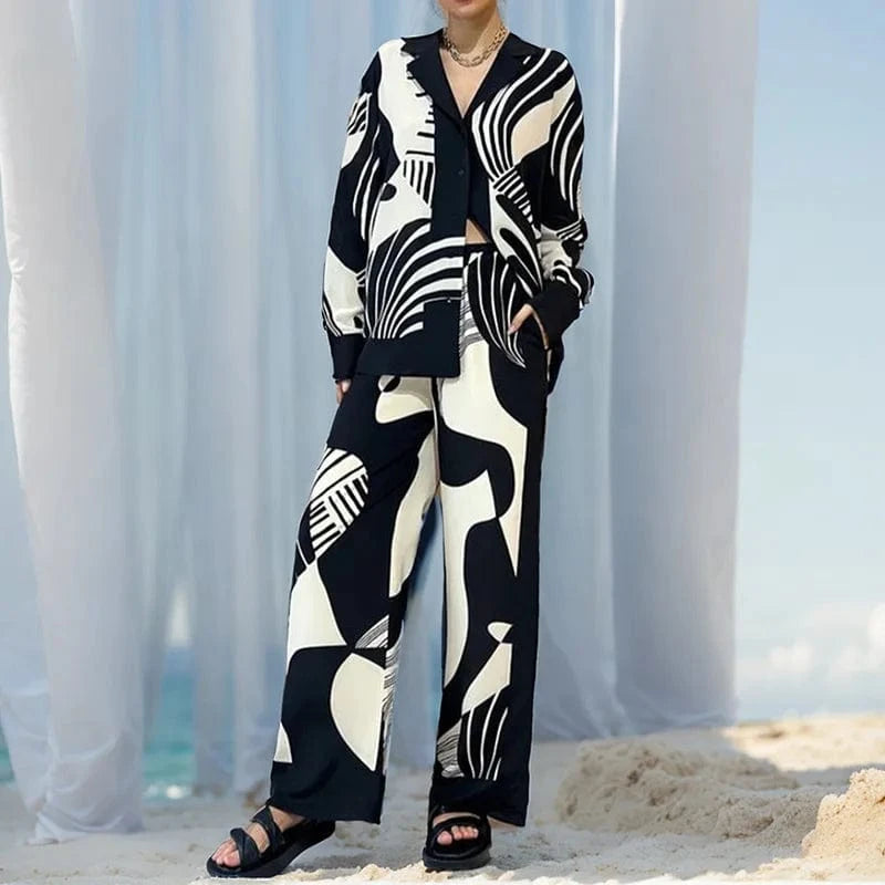 Women Digital Print 2 Piece Set Chic Lapel Long Sleeved Blouse Top Loose Straight Leg Pants Suit Fashion Streetwear Outfits 2024