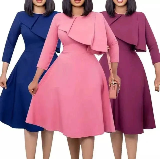 Women Dress A Line Ruffles Elegant Office Ladies Classy Modest Work Wear Pink Navy Female Autumn Summer Robes Vestidos Outfits