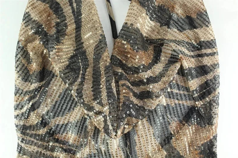 Women Elegant Evening Wedding Cocltail Maxi Dress Sexy Deep V Neck Leopard Print Slim Bodycon Night Club Party Sequin Dress