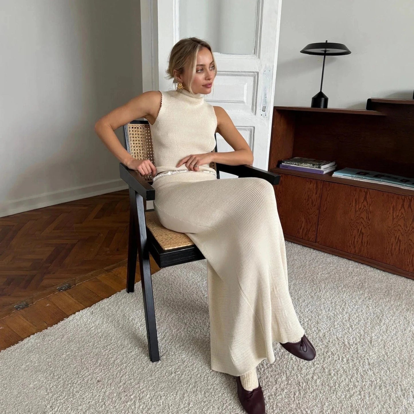 Women Elegant Slim Sleeveless Pullover Top High Waist Skirts 2 Pieces Set Knitted Turtleneck Vest Skirt Suit Autumn 2025
