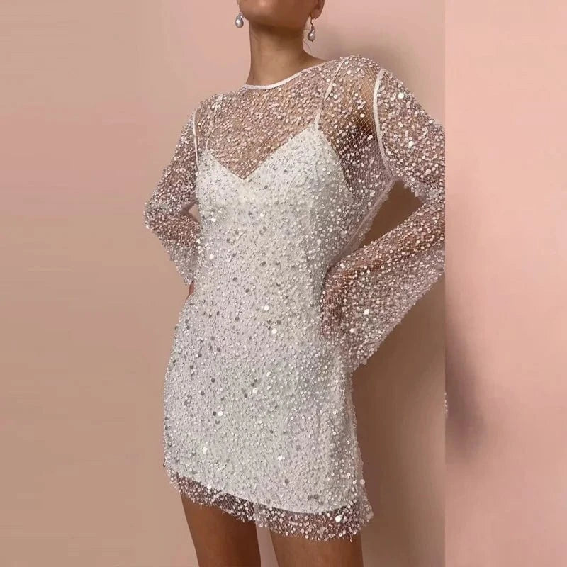 Women Elegant Splicing Solid Versatile Dress Chic O-Neck Sequins Hollow Dress Fashion Suspender Party Temperament Mini Dresses