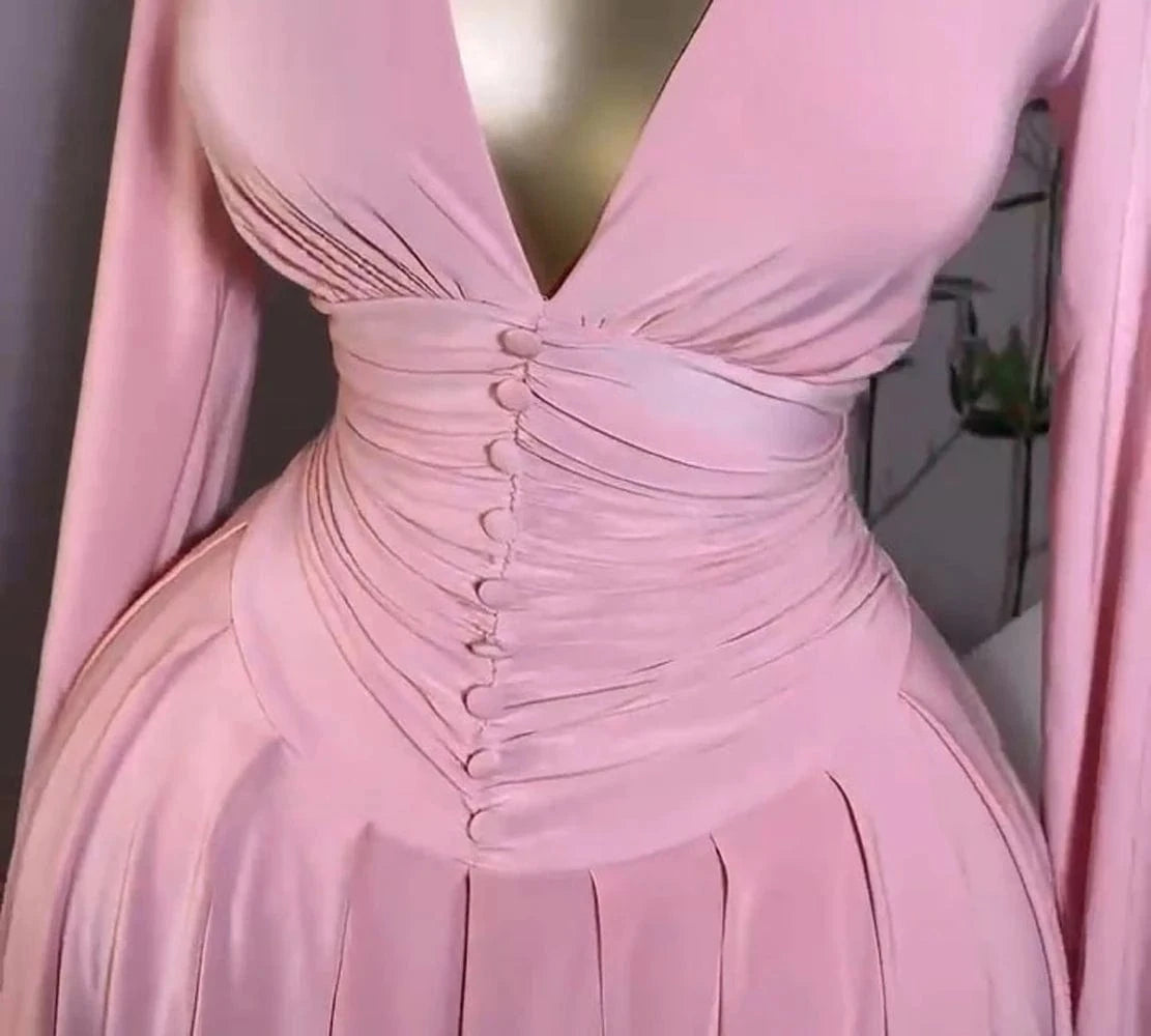 Women Elegant V-Neck Long Sleeve Pleated Dress 2025 Buttons Tunic Waist Sexy Evening Party Luxury Casual Short A Line Dresses