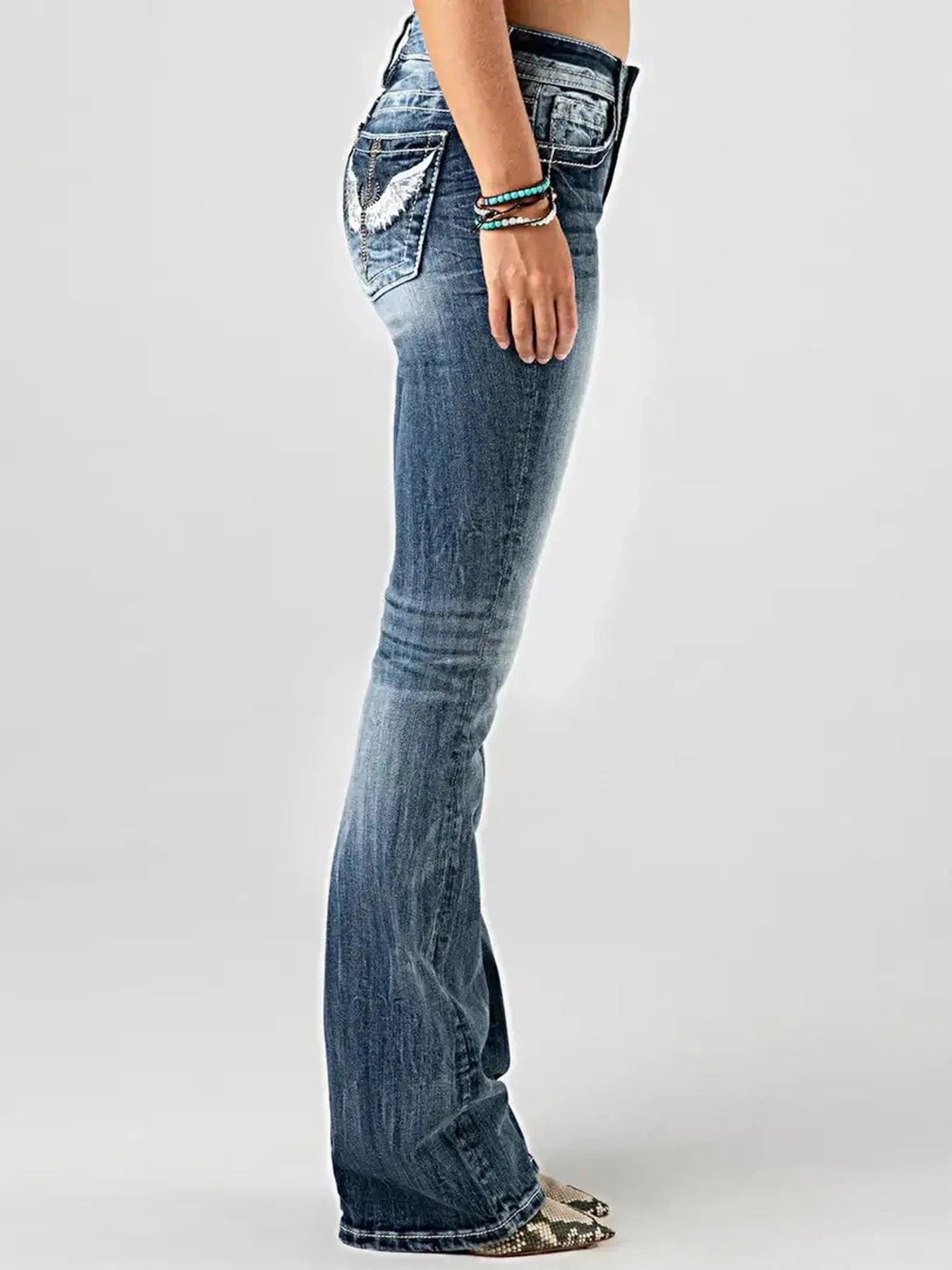Women Embroidery Pockets Distressed Jeans Mid Waist Stretch Slim Fit Pants Vintage Denim Trousers Autumn Female Streetwear