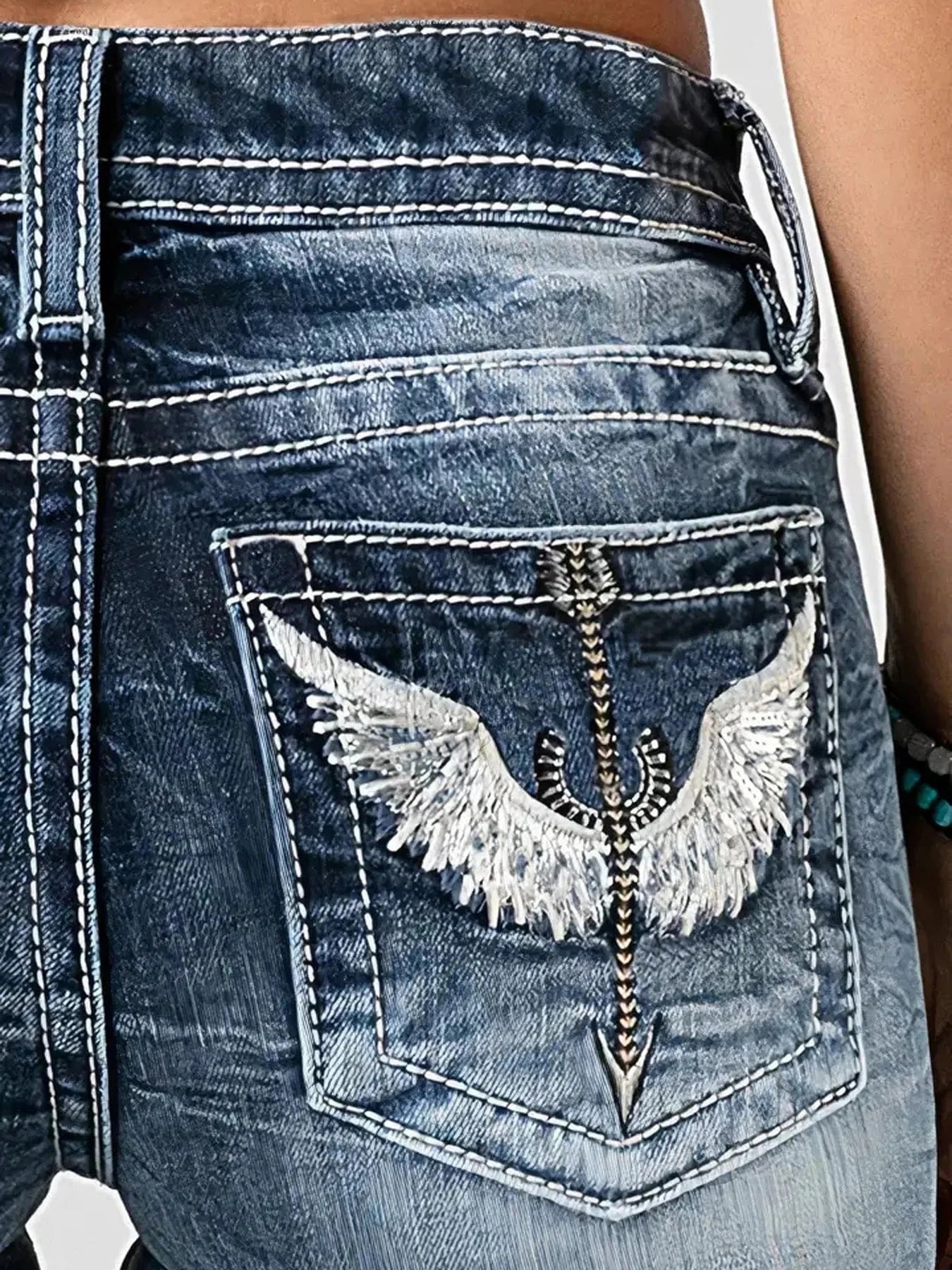 Women Embroidery Pockets Distressed Jeans Mid Waist Stretch Slim Fit Pants Vintage Denim Trousers Autumn Female Streetwear