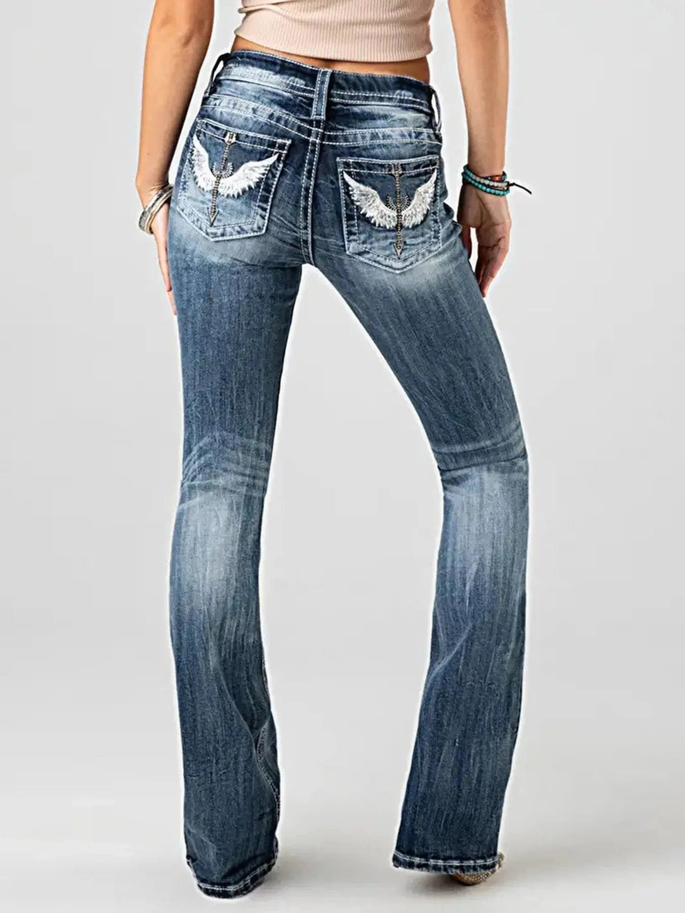 Women Embroidery Pockets Distressed Jeans Mid Waist Stretch Slim Fit Pants Vintage Denim Trousers Autumn Female Streetwear