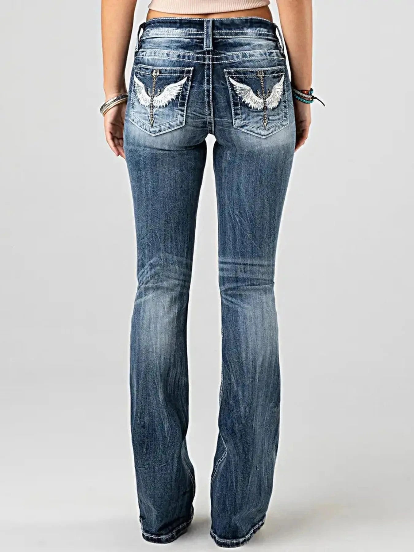 Women Embroidery Pockets Distressed Jeans Mid Waist Stretch Slim Fit Pants Vintage Denim Trousers Autumn Female Streetwear