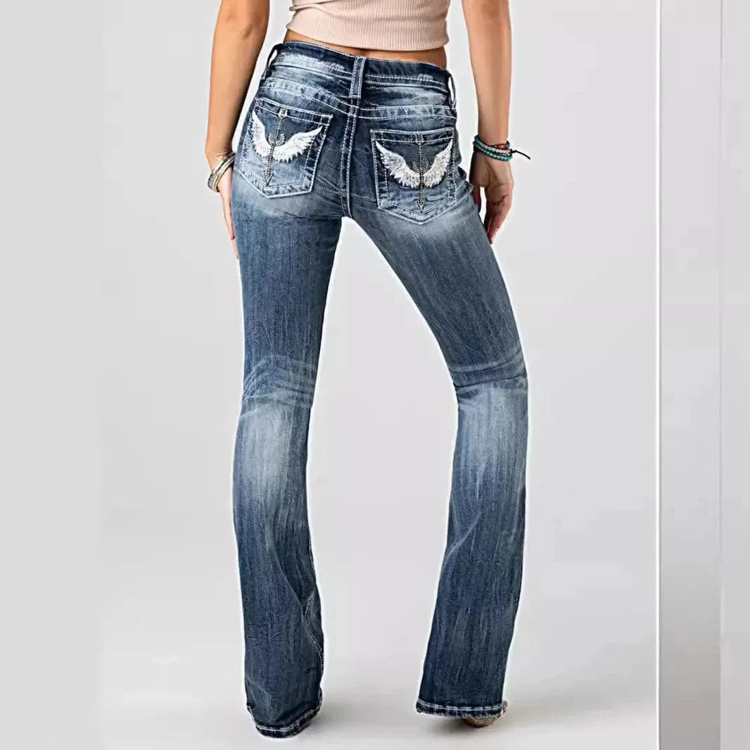 Women Embroidery Pockets Distressed Jeans Mid Waist Stretch Slim Fit Pants Vintage Denim Trousers Autumn Female Streetwear