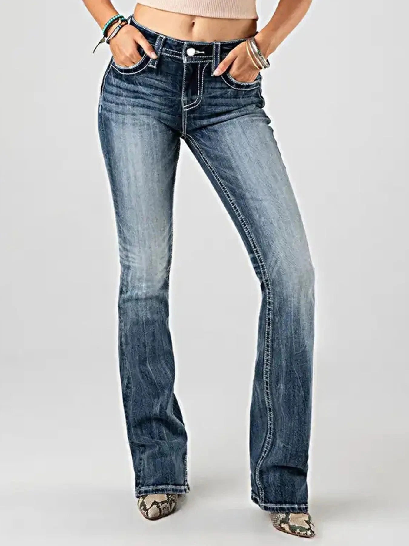 Women Embroidery Pockets Distressed Jeans Mid Waist Stretch Slim Fit Pants Vintage Denim Trousers Autumn Female Streetwear