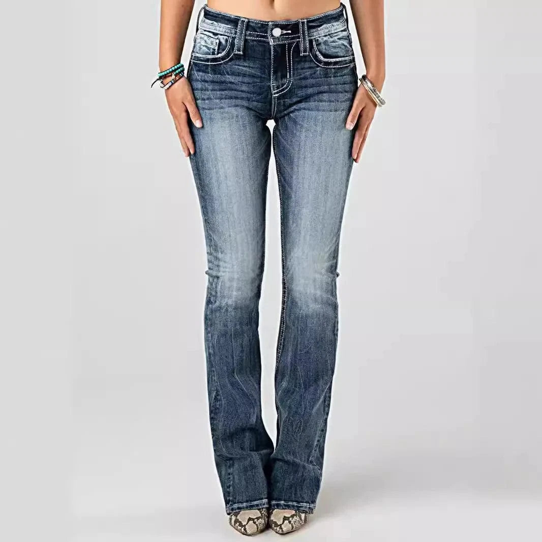 Women Embroidery Pockets Distressed Jeans Mid Waist Stretch Slim Fit Pants Vintage Denim Trousers Autumn Female Streetwear
