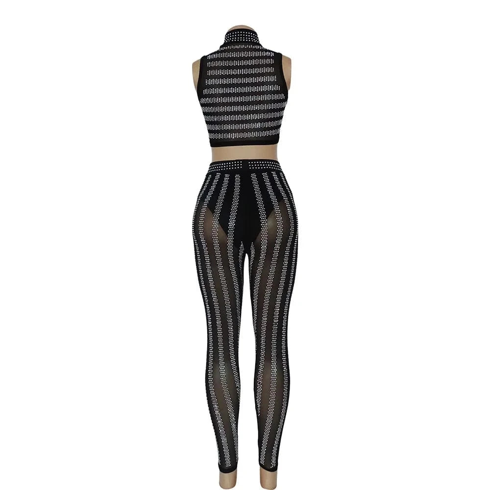 Women Fall Clothes Hot Drill 2 Piece Set Casual Turtleneck Two Piece Pants Set Cropped Sleeveless Women Clothing
