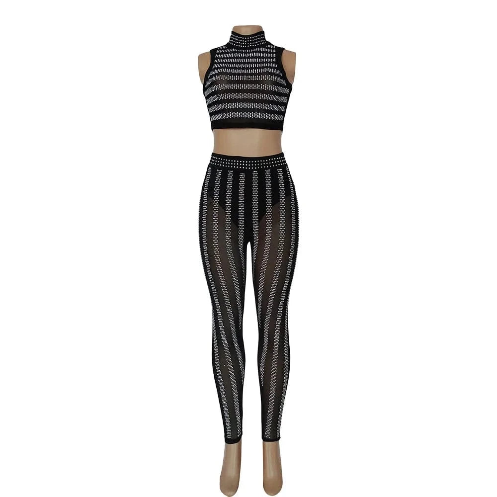 Women Fall Clothes Hot Drill 2 Piece Set Casual Turtleneck Two Piece Pants Set Cropped Sleeveless Women Clothing