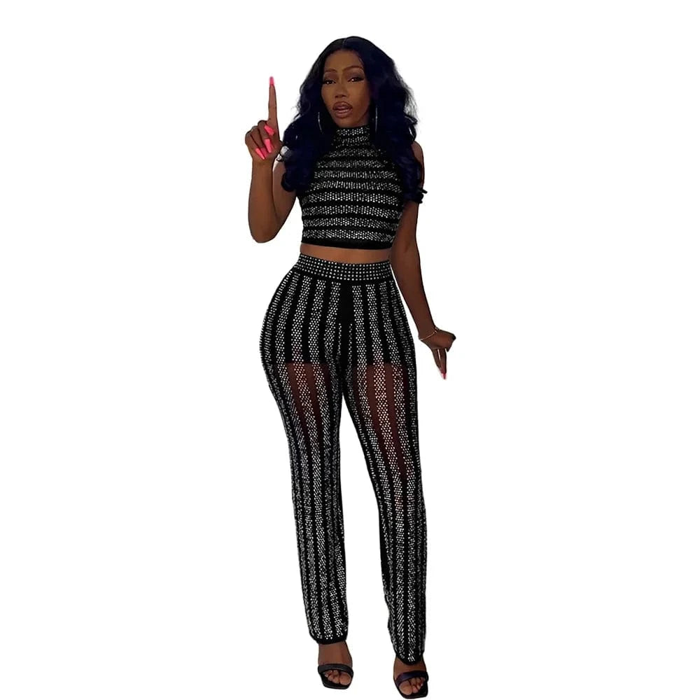 Women Fall Clothes Hot Drill 2 Piece Set Casual Turtleneck Two Piece Pants Set Cropped Sleeveless Women Clothing