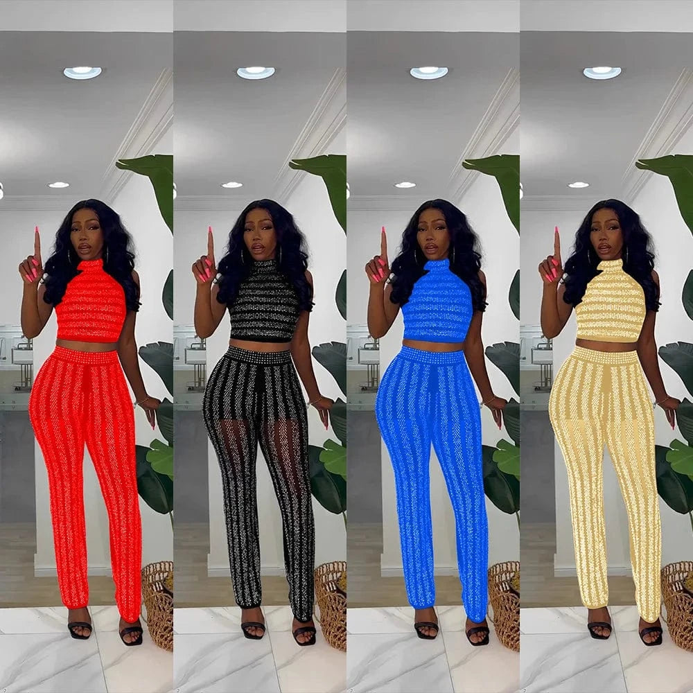 Women Fall Clothes Hot Drill 2 Piece Set Casual Turtleneck Two Piece Pants Set Cropped Sleeveless Women Clothing