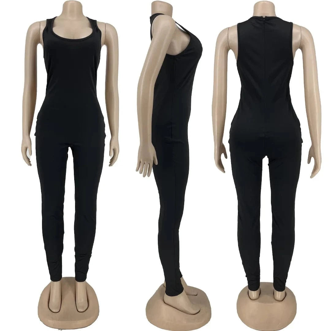 Women Fashion Fall Winter Clothing 2024 Casual Solid Color Jumpsuits 2 Piece Set Sexy Sleeveless Skinny Jumpsuit Lady Outfit