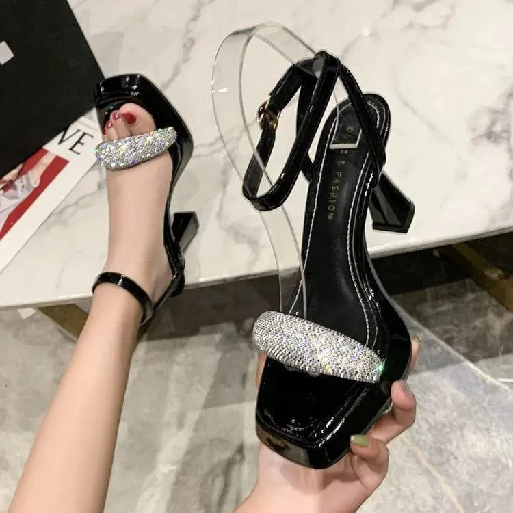 Women Fashion High Heels Shoes Women Dress Shoes Solid Color Block Heel Rhinestone High Heel Sandals