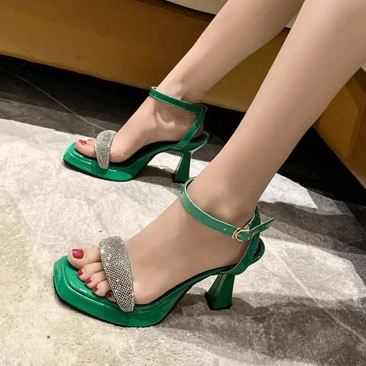 Women Fashion High Heels Shoes Women Dress Shoes Solid Color Block Heel Rhinestone High Heel Sandals