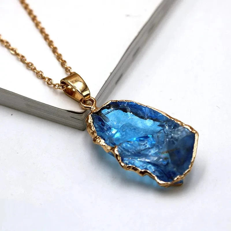 Women Fashion Natural Crystal Necklace Color Plating Gilt Edge Earrings Pendant Purple Agate Slice Cerulean Pendant DIY Jewelry