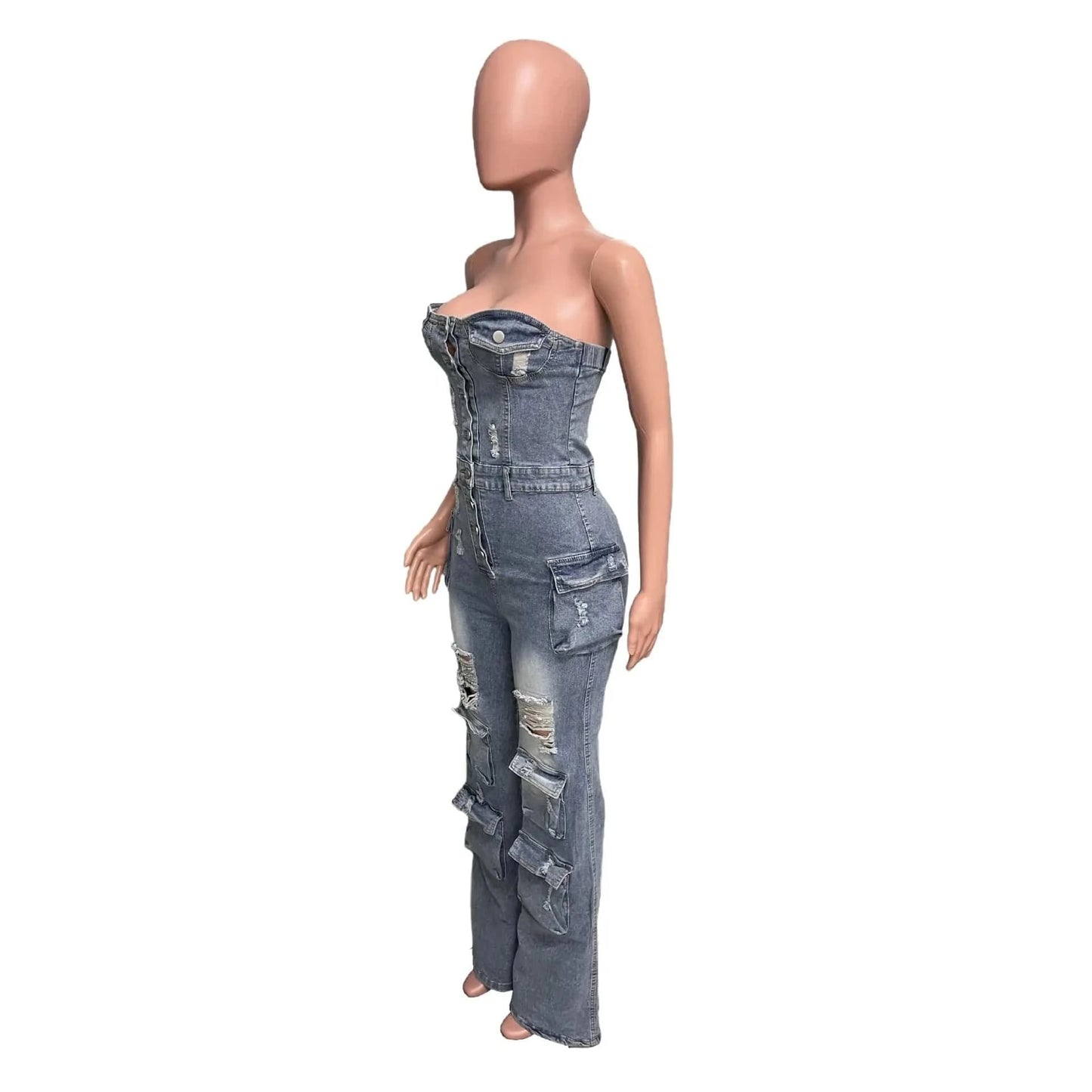 Women Fashion Overall Street Style Stretchy Blue Denim Strapless 2024 Loose Ripped One Piece Jean Cargo Jumpsuit
