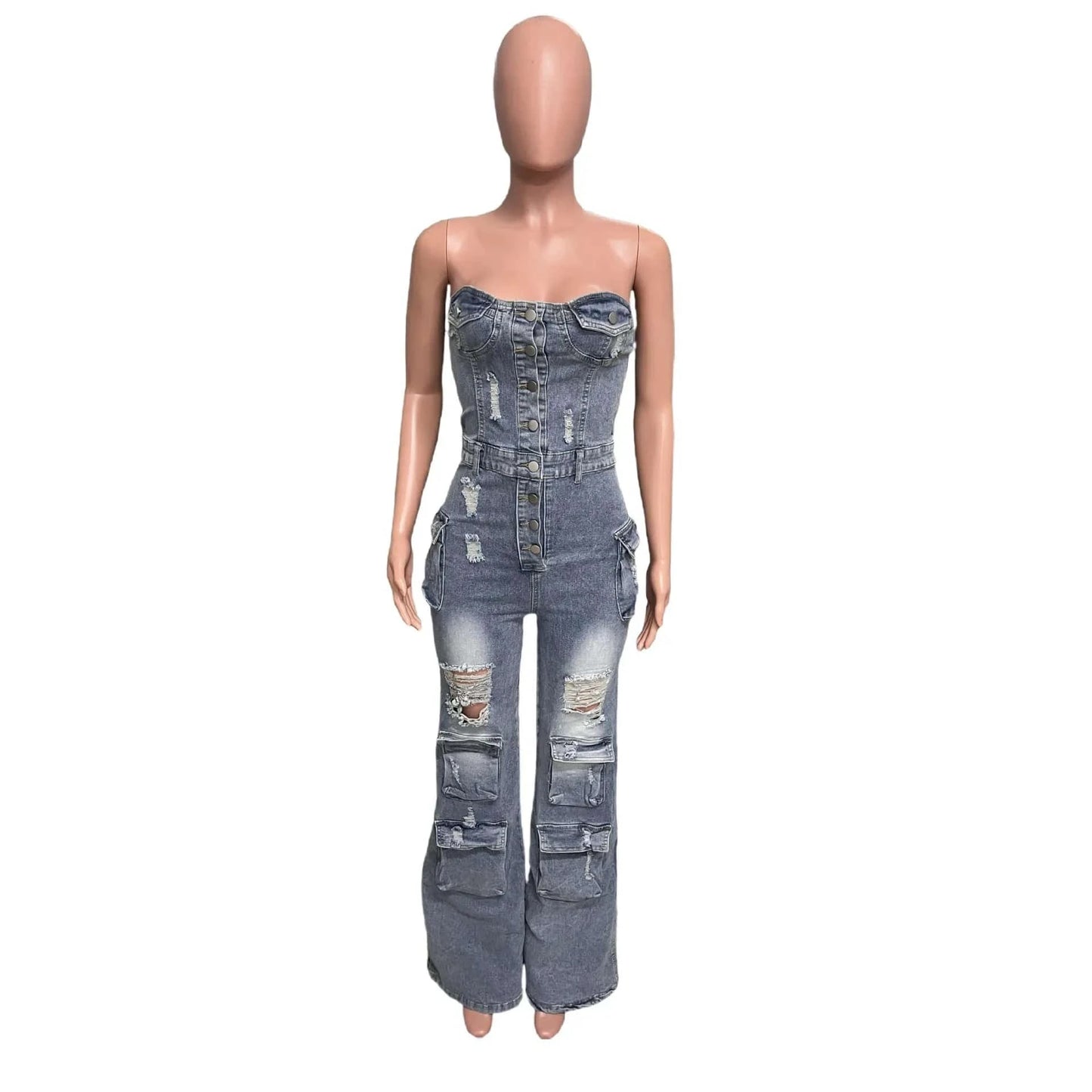 Women Fashion Overall Street Style Stretchy Blue Denim Strapless 2024 Loose Ripped One Piece Jean Cargo Jumpsuit